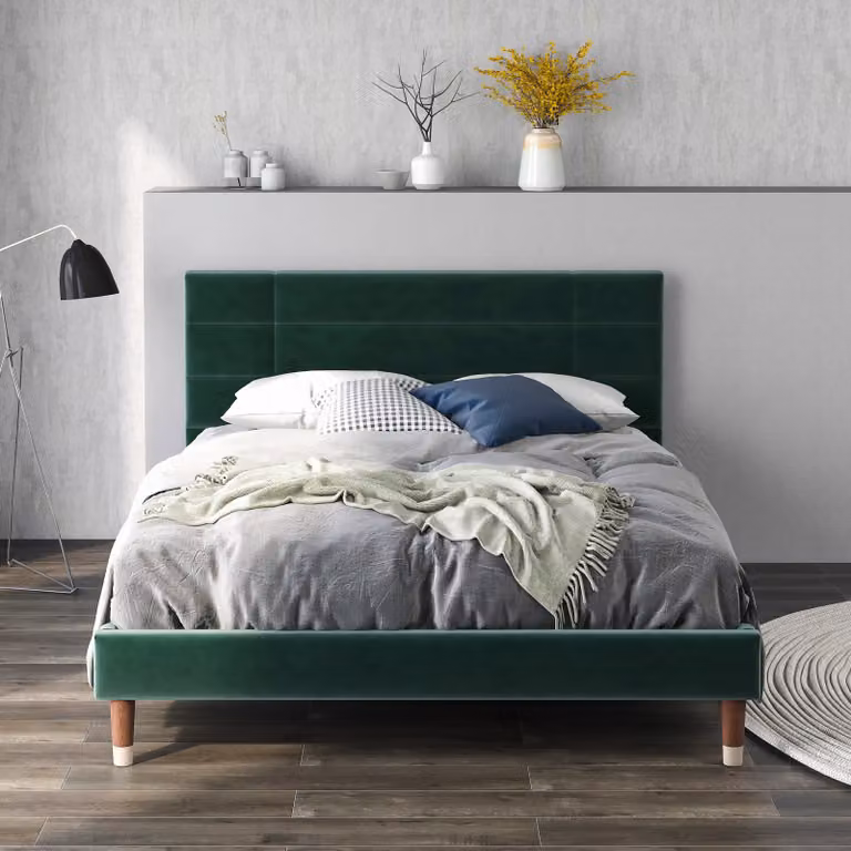 Letto imbottito Merax 140x200cm con rete a doghe e testiera，Letto giovane telaio letto matrimoniale in velluto, verde scuro