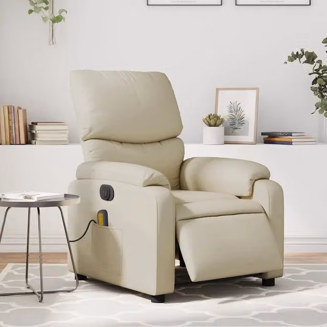 Poltrona Massaggiante Elettrica Reclinabile in Similpelle Beige per il Relax in Soggiorno