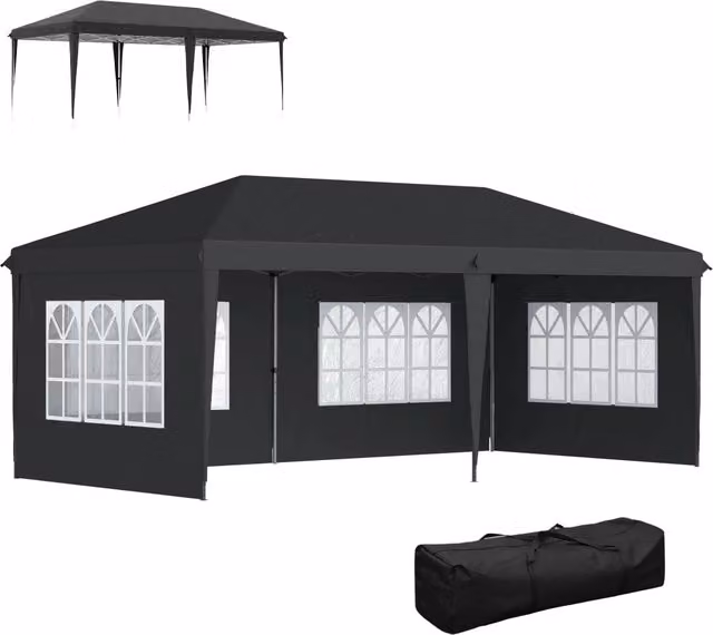 Gazebo Pieghevole 3x6m Pop-Up Impermeabile con 4 Pareti Laterali Finestre Struttura in Acciaio per Giardino ed Eventi Nero