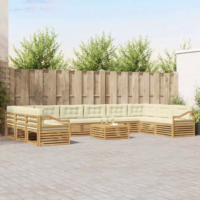 Set di divani da giardino a forma di L con tavolo da caffè vidaXL, 11 pezzi, in legno di acacia marrone e beige