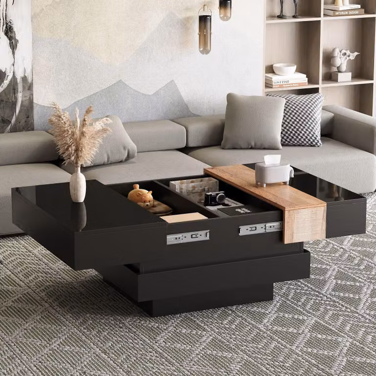 Tavolino quadrato Merax allungabile con vano portaoggetti nascosto, tavolino da salotto design a blocchi di colore con piano d'appoggio lucido, nero