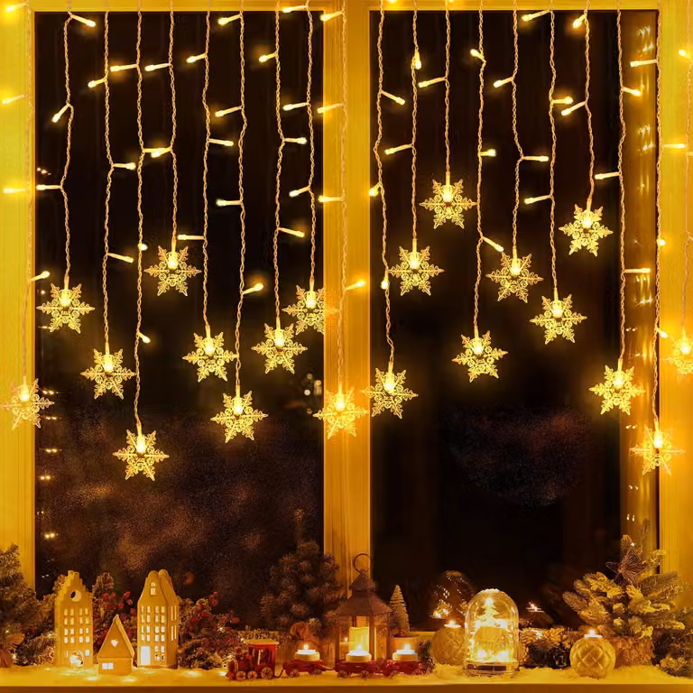 Catena luminosa a forma di fiocchi di neve, 96 LED, luce bianco caldo, 4 metri, per uso interno