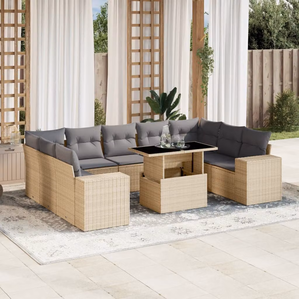 Set Divano da Giardino vidaXL 10 pz a Forma a L con Cuscini Beige e Tavolino in Polyrattan e Metallo – 1