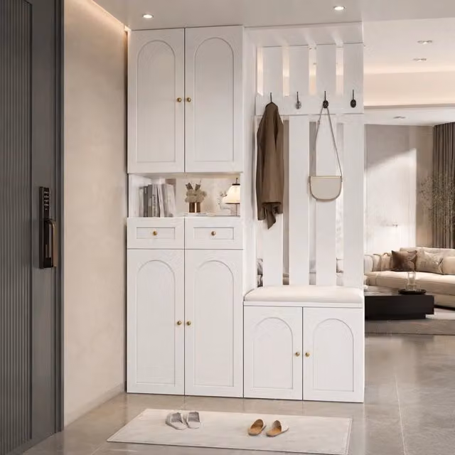 Mobile ingresso con panca; scarpiera e 4 ganci; 6 ante; 2 cassetti; 110x37x180 cm; bianco
