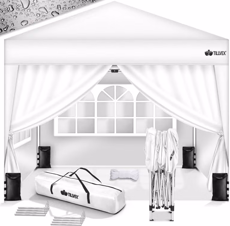 gazebo tillvex 3x3m bianco impermeabile con 4 pannelli laterali + set di 4 sacchi di sabbia | gazebo pop-up pieghevole stabile e regolabile in altezza | tenda da giardino protezione UV 50+ | tenda da festa con borsa per giardino