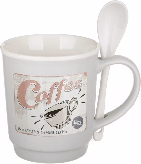 Tazza mug conica in porcellana KASANOVA con cucchiaino e coperchio, grigio, 400 ml