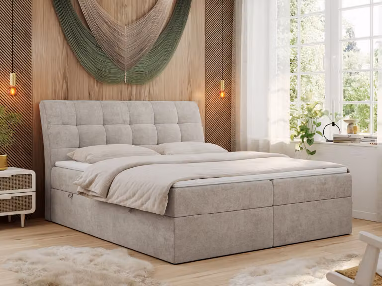 Letto boxspring 180x200 con materasso, letto con materasso Multipocket - H3 e topper, letto imbottito 180x200 con contenitore e testiera, DIEGOS - 180x200 - Beige - Struttura - H3