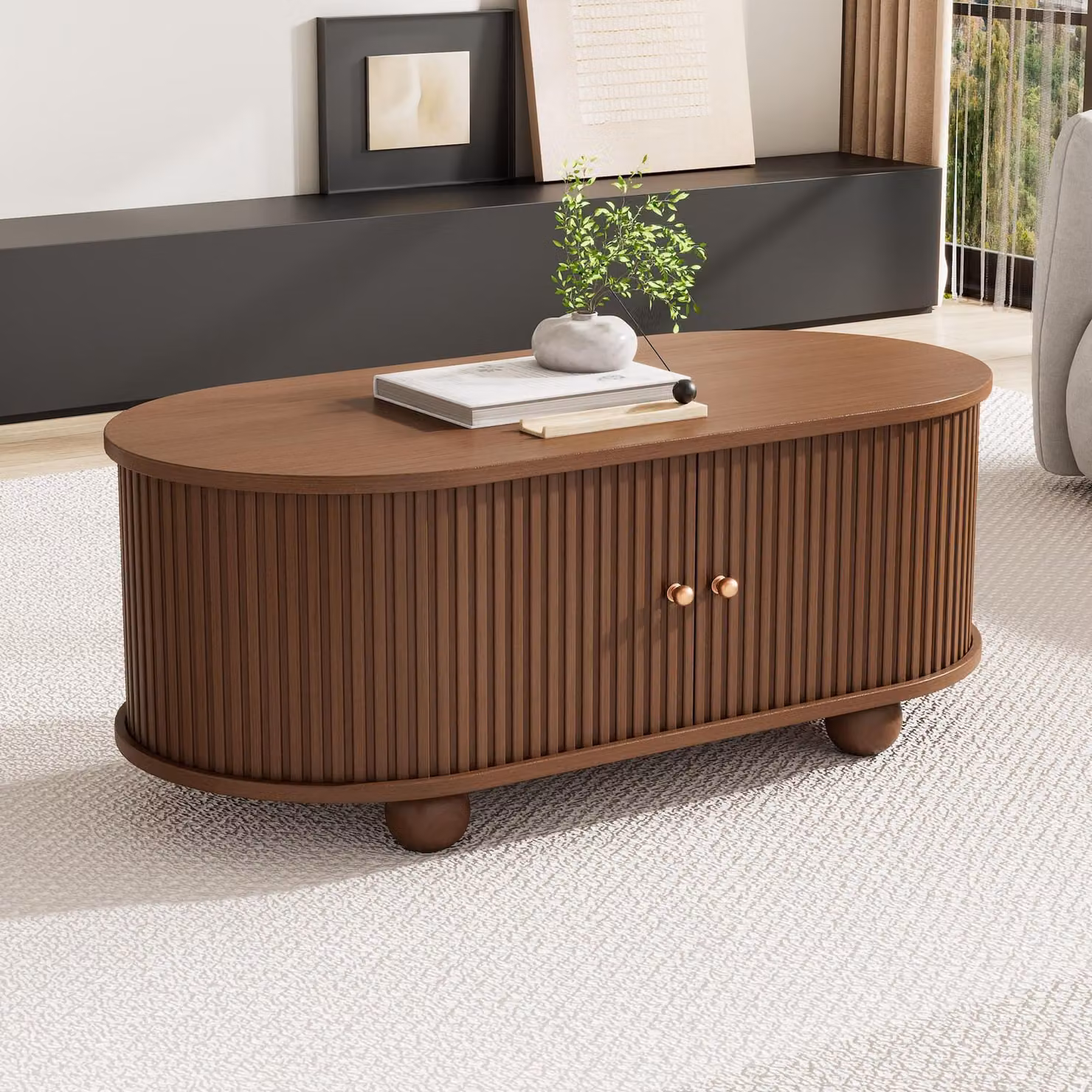 Tavolino ovale Merax con ante scorrevoli, tavolino con vano portaoggetti, tavolino da salotto in look legno, stabile e minimalista in MDF, noce