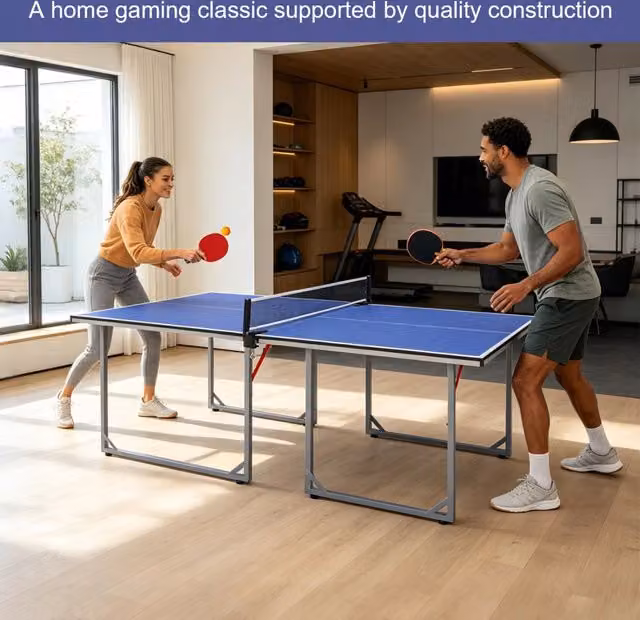 Tavolo da ping pong pieghevole REDOM blu con set completo di rete, 2 racchette e 3 palline, L/P/H: 182 x 91 x 76,2 cm – 1