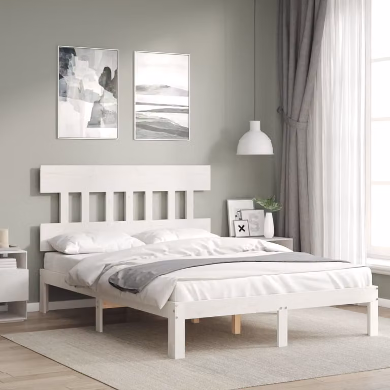 The Living Store Letto in legno massiccio con testiera bianca