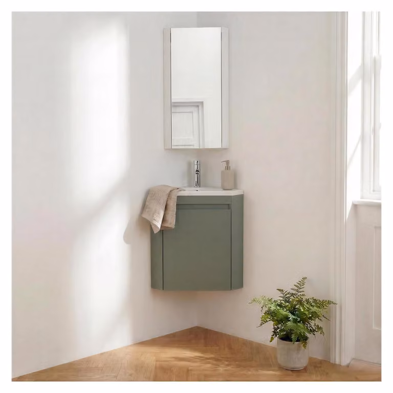 Set lavamani d'angolo sospeso, lavabo, rubinetto e pensile LISA