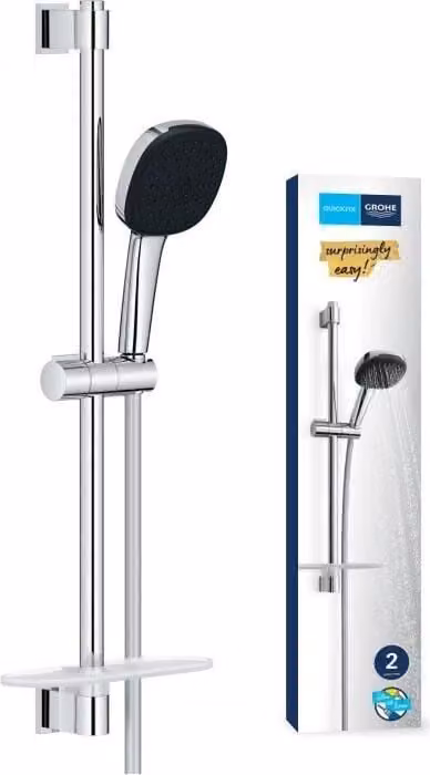 Sistema doccia GROHE Vitalio Comfort 110, 2 tipi di getto, asta da 60 cm, tubo da 1,75 m, ripiano, cromato, risparmio idrico