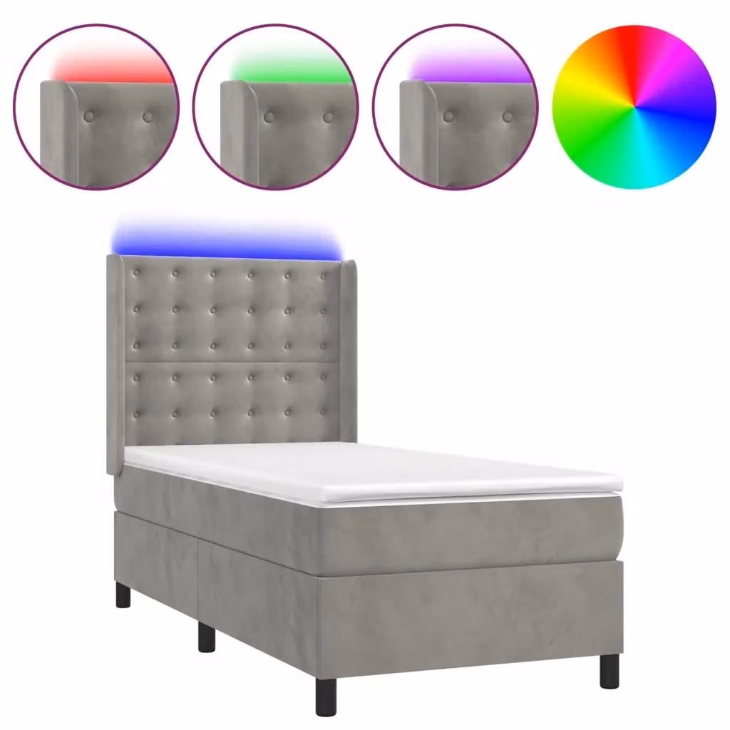 Letto con Materasso Ibrido e Illuminazione LED vidaXL in Velluto Grigio Chiaro, L/P/H: 90 x 190 x 128 cm – 2