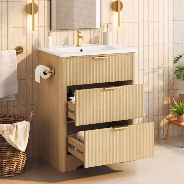 Mobile lavabo 61x47x82 cm con cassetti e portacarta igienica in MDF naturale