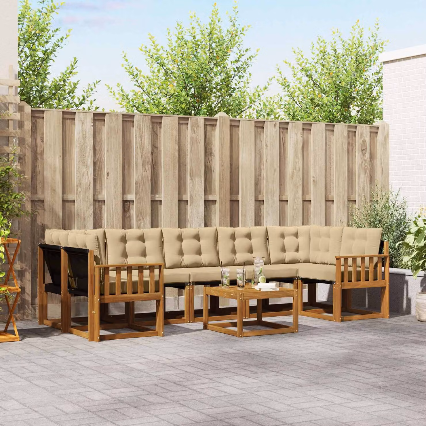 Set di divani da esterno vidaXL 8 pz in legno di acacia con tavolino e cuscini, colore beige e marrone