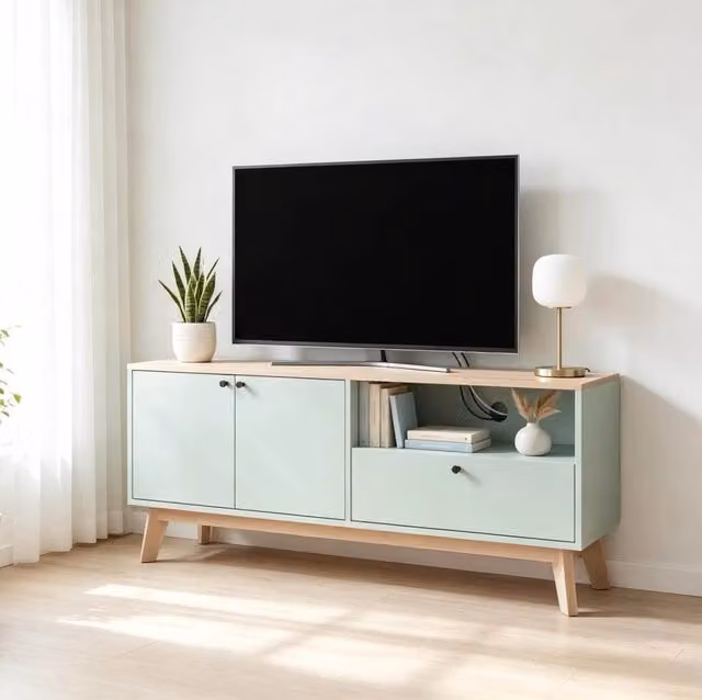 Mobile TV 120 cm in MDF verde chiaro e rovere per TV fino a 36 pollici con 2 ante, cassetto e vano aperto