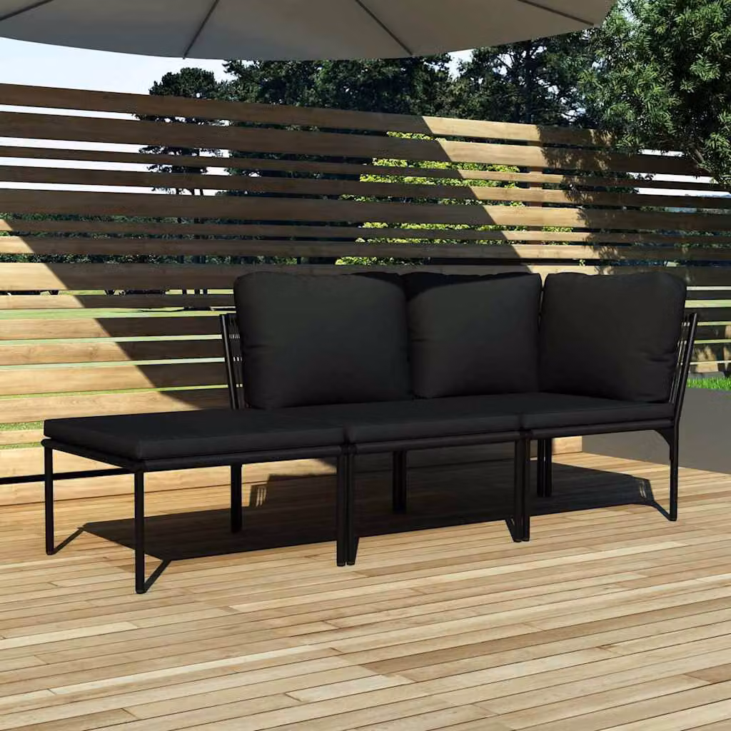 Set di divani da giardino vidaXL a forma di L con cuscini, composto da divano a 3 posti, elemento angolare e pouf, in colore antracite e nero con struttura in acciaio verniciato a polvere