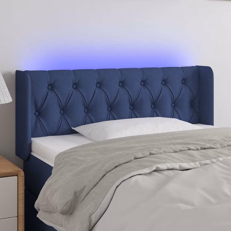 Testiera per letto vidaXL in tessuto blu con illuminazione LED integrata e porta di ricarica USB, L 103 cm, P 16 cm, H 78-88 cm