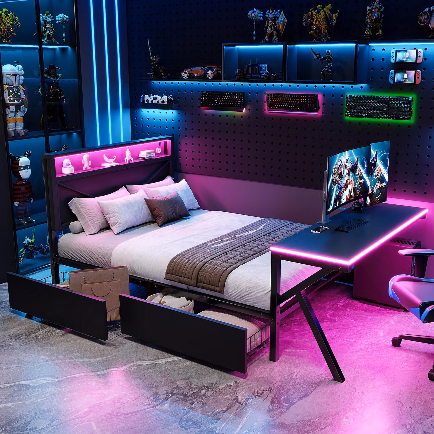 Letto contenitore multifunzione per gaming, dimensioni 140 x 200 cm, con testiera LED, scrivania integrata con illuminazione LED e 2 cassetti. Struttura in metallo con gambe rinforzate. Letto singolo, colore nero