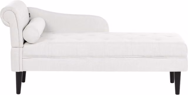 Chaise longue sinistra in tessuto bianco sporco imbottita con cuscino facile da pulire, gambe in legno, soggiorno moderno