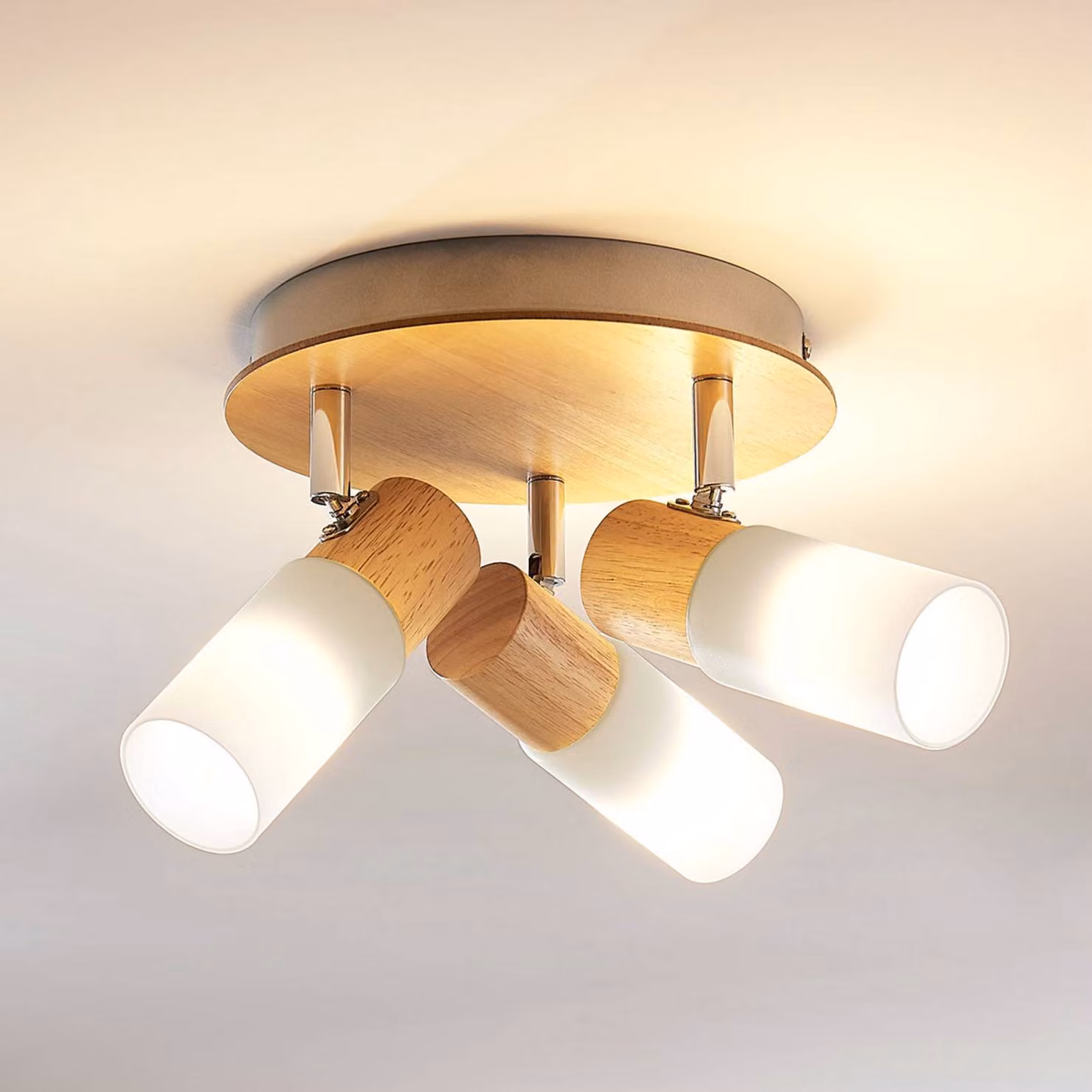 Faretto da soffitto Lindby Christoph, 20 cm, a 3 luci, legno, rondel Christoph Lindby, dimmerabile, Legno chiaro, Soggiorno / Sala da pranzo, Legno, Campagna / Rustiche, Faretto