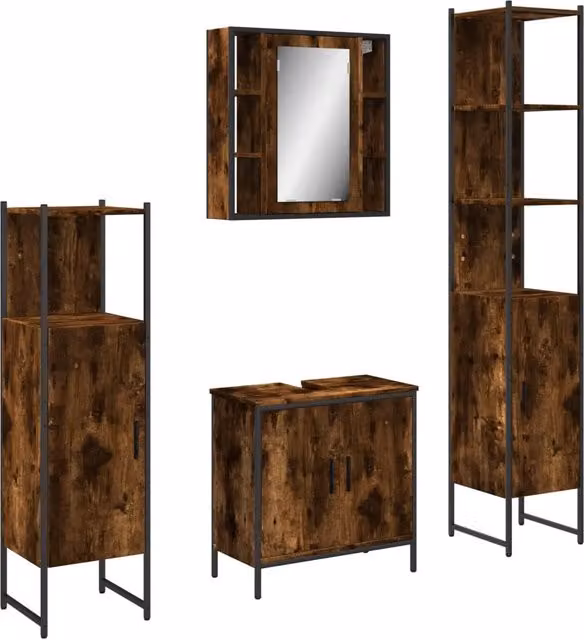 Set Mobili da Bagno | Armadio da bagno 4 pz Rovere Fumo in Legno Multistrato