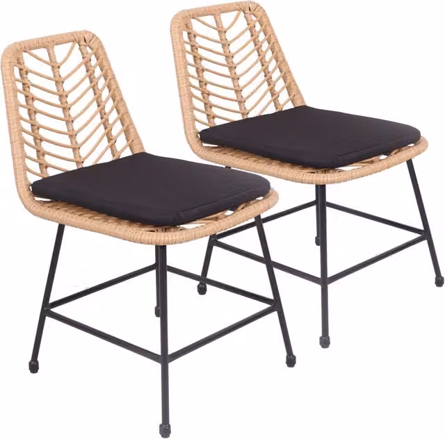 Set di 2 sedie da giardino moderne OKA in rattan sintetico con cuscini, colori nero, marrone e beige