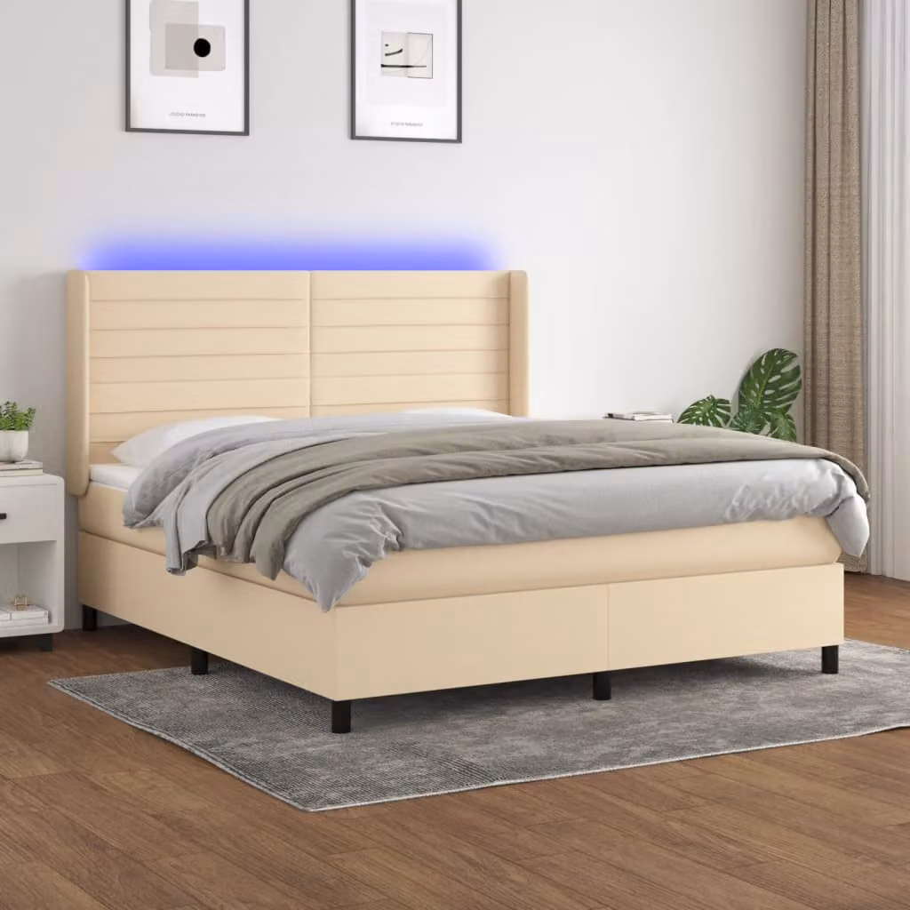 Letto a Molle vidaXL con Illuminazione LED e Porte USB in Tessuto Beige, L/P: 180 x 200 cm – 1