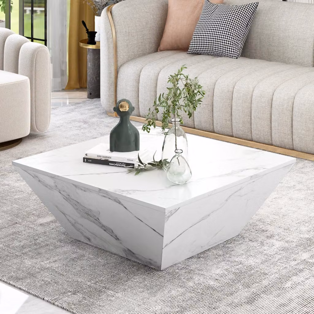 Tavolino basso MIVRAY con 2 cassetti in MDF bianco con finitura effetto marmo L/P/H: 70 x 70 x 37 cm – 2