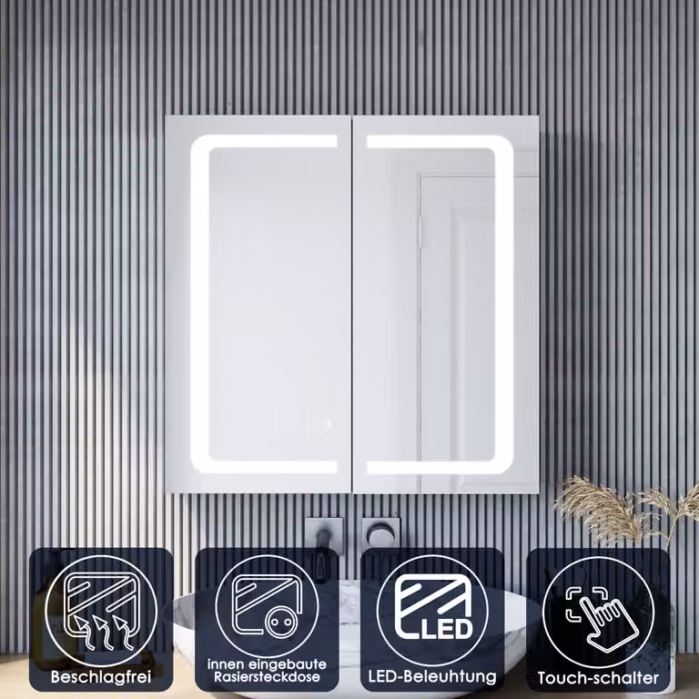 SONNI Armadio a specchio per il bagno LED con illuminazione Presa per rasoio in alluminio Senza nebbia Touch 65x65cm Cerniera senza fili Design