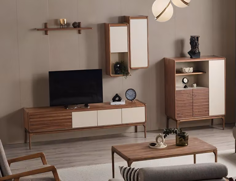 Stilvolles Wohnzimmer-Set Designer TV-Lowboard 2 Wandregale Kommode