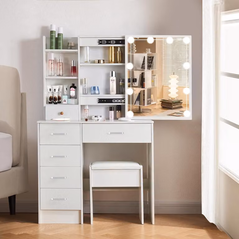 Comò da trucco con illuminazione a LED e specchio, completo di sgabello, 6 cassetti, 3 temperature di colore, bianco, 36x80x131 cm