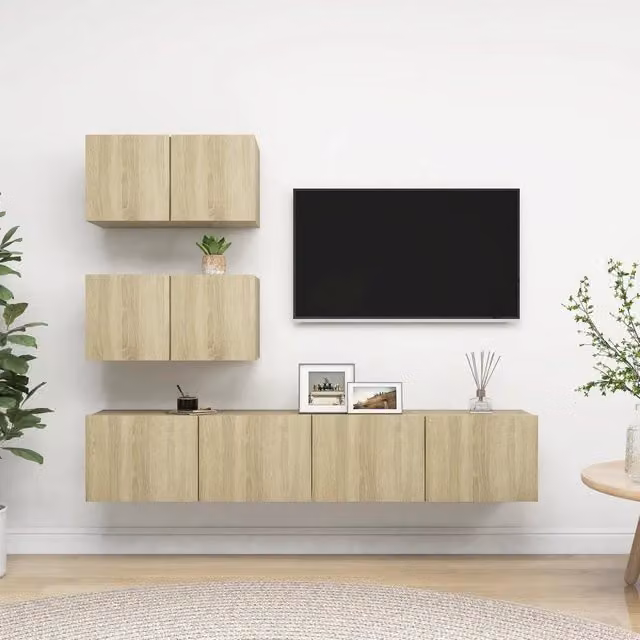 Set di mobili porta TV moderno vidaXL in legno color rovere e beige, composto da 4 pezzi con scomparti multimediali