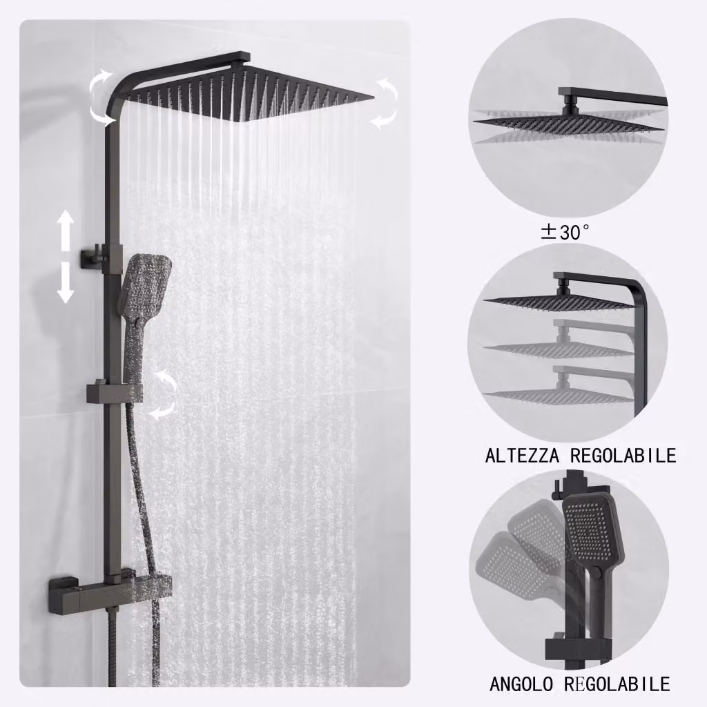Colonna doccia termostatica AICA con soffione quadrato e doccetta multifunzione, nero opaco, in acciaio inox – 2
