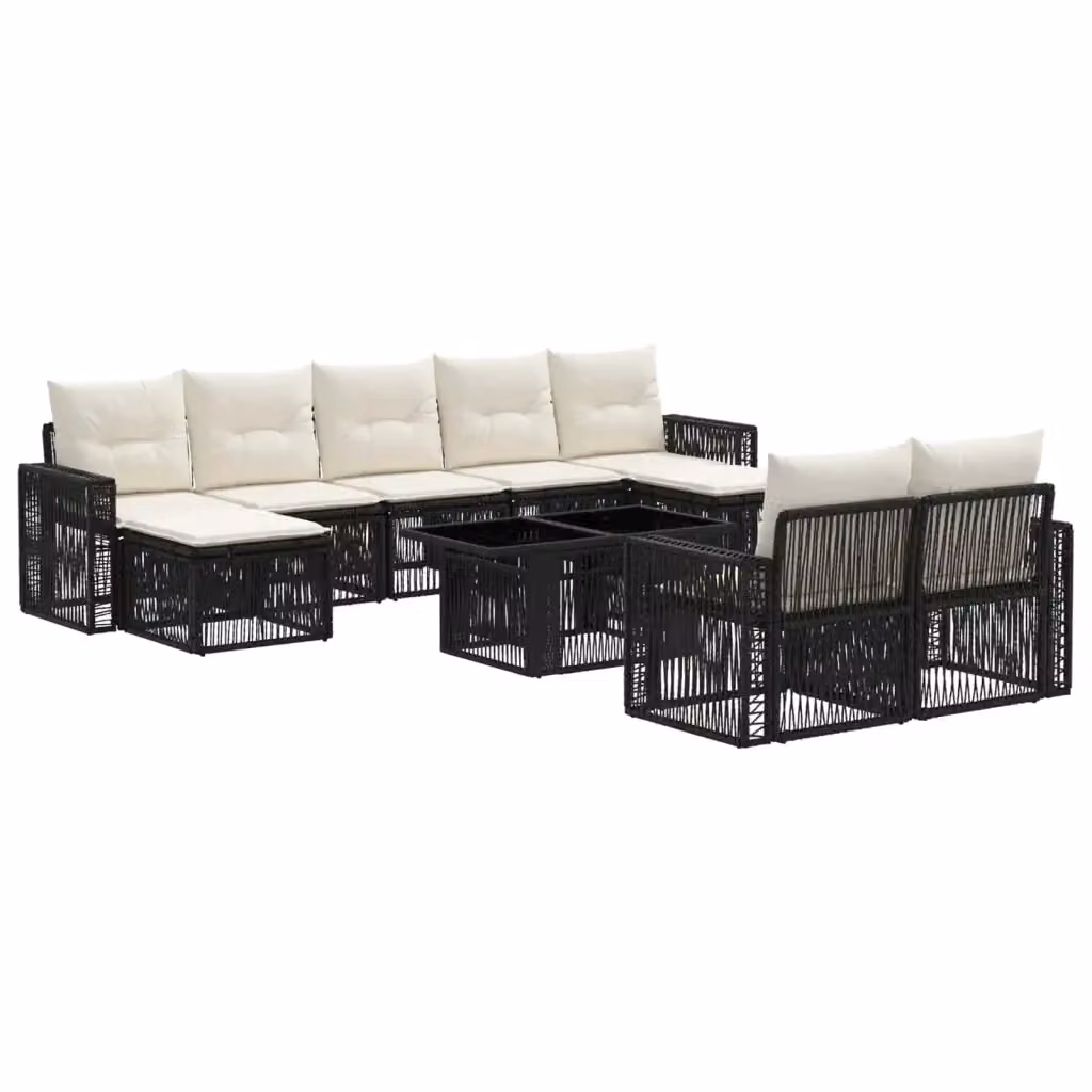 Set Divano da Giardino 10 Pezzi vidaXL in Polyrattan Nero e Bianco Crema con Cuscini e Tavolino in Vetro – 2