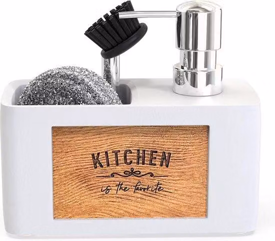 Distributore di sapone bianco e organizer per lavello per una cucina ordinata