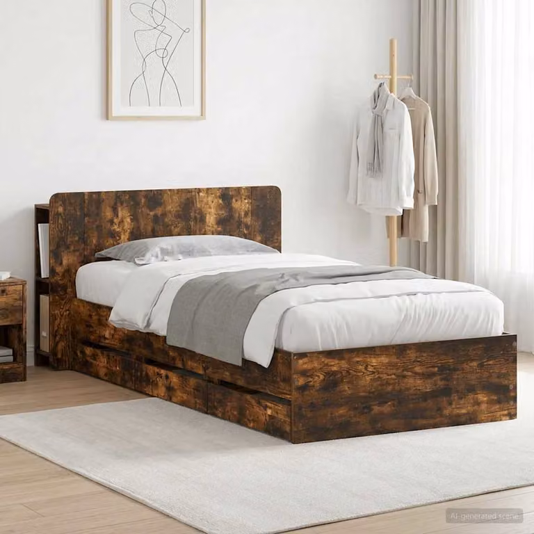 Struttura del letto con stoccaggio e testata vidaXL in legno Rovere Fumo, L 140 x P 80 x H 221,5 cm