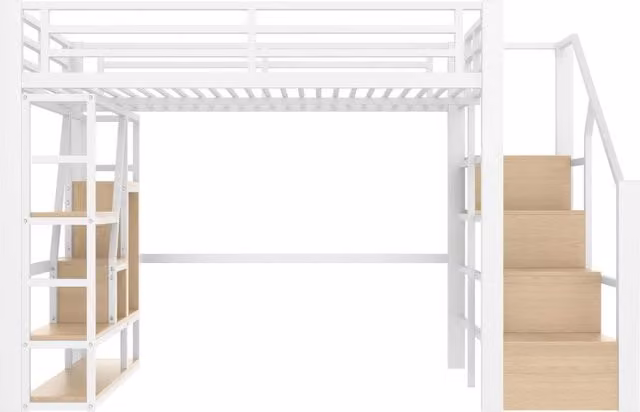 Letto a soppalco 140 x 200 cm con struttura in ferro, ripiani integrati e luce LED multicolore, bianco