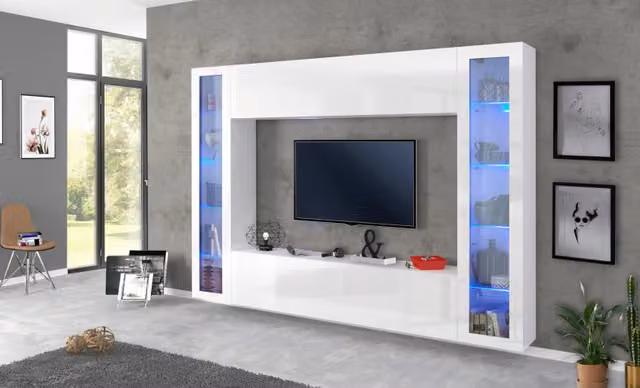 Parete soggiorno Maruska con 2 vetrine e pannello TV TECNOS - WEB FURNITURE - Bianco Lucido - L: 260 cm, H: 180 cm, P: 30 cm – 1