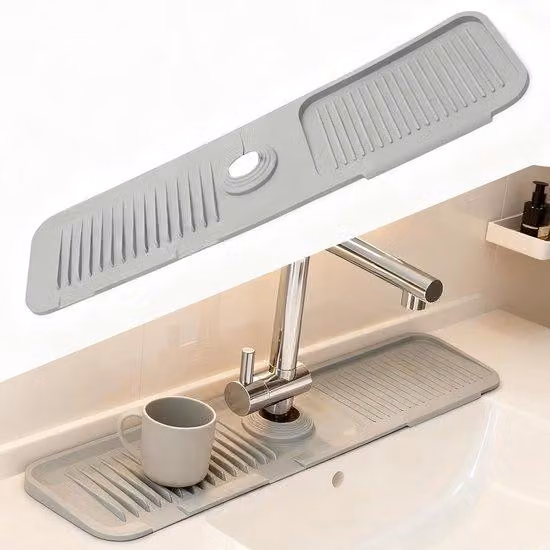 Tappetino in silicone per rubinetti, ideale per cucine e bagni, protezione per rubinetti, colore grigio, dimensioni 60x14 cm