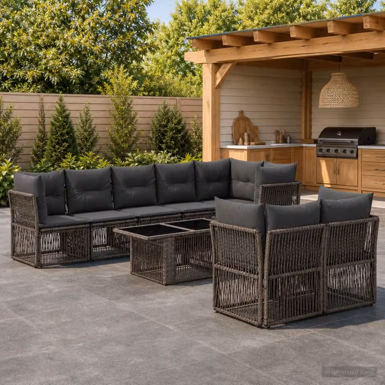 Set Divano da Giardino vidaXL 8 Pezzi a Forma di U Grigio con Tavolino e Cuscini in Polyrattan e Acciaio