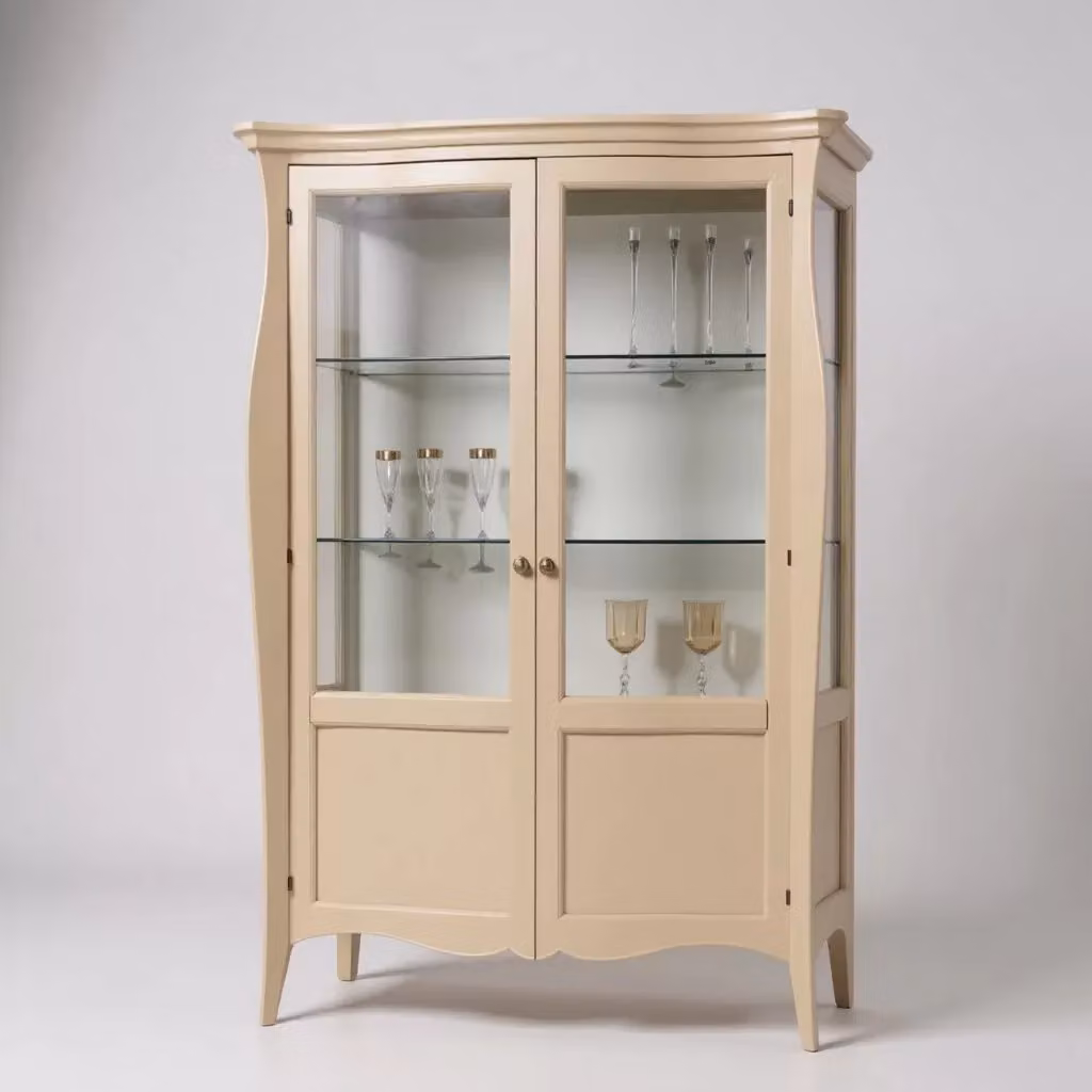 Vetrina classica in legno con ante in vetro e ripiani interni beige, Mobili 2G, L: 130 cm, P: 50 cm, H: 200 cm – 1