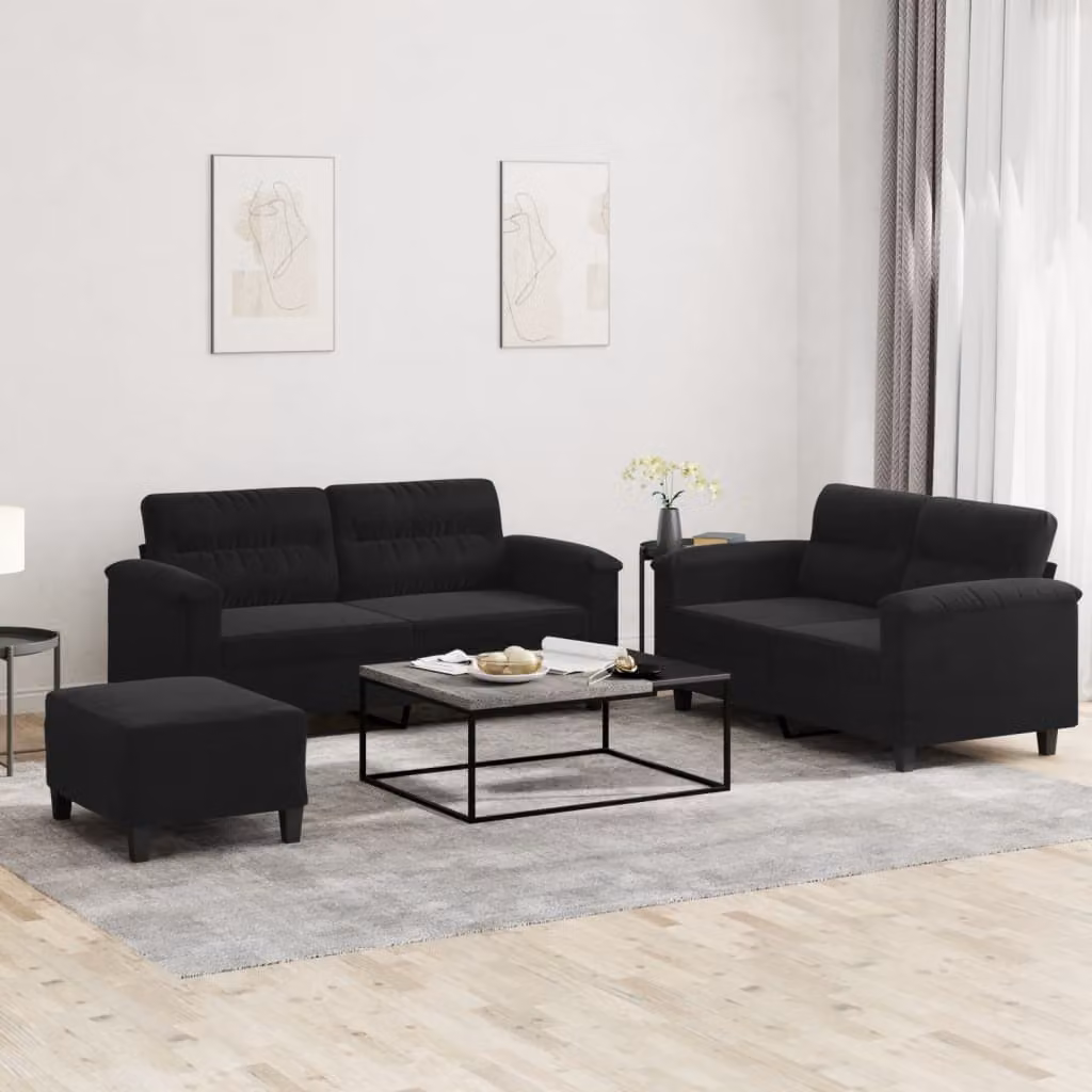 Set di Divani a L vidaXL in Microfibra Nero con Cuscini per Soggiorno – 1