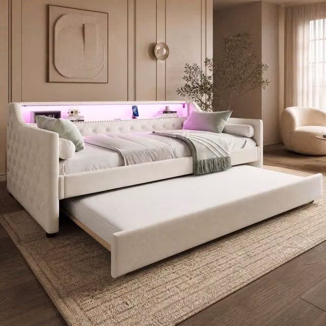 Letto Giorno 90x200 cm con Rete, Divano Letto Estraibile, LED e Porta USB, Beige in Lino
