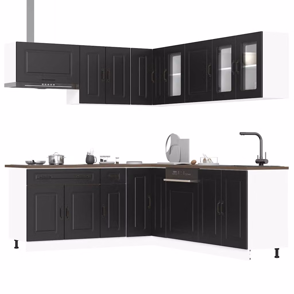 Set di mobili da cucina moderno vidaXL Kalmar composto da 11 pezzi in legno e vetro, colore nero opaco