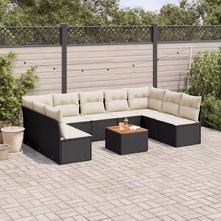 vidaXL Set Divani da Giardino 10 Pezzi in Polyrattan Nero con Cuscini e Tavolino da Esterno