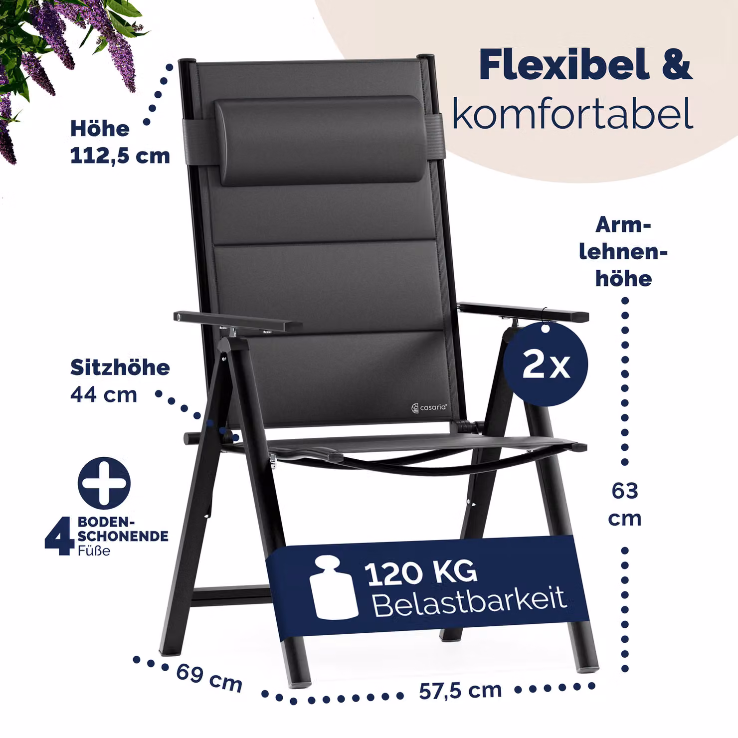 Set di 2 sedie da giardino Casaria® nere pieghevoli in alluminio con cuscini imbottiti e braccioli – 3