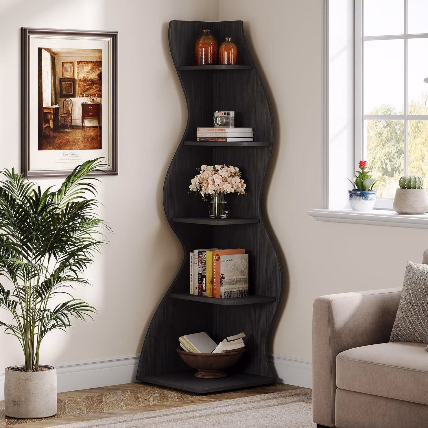 Scaffale angolare a 5 ripiani, motivo a onde, colore nero