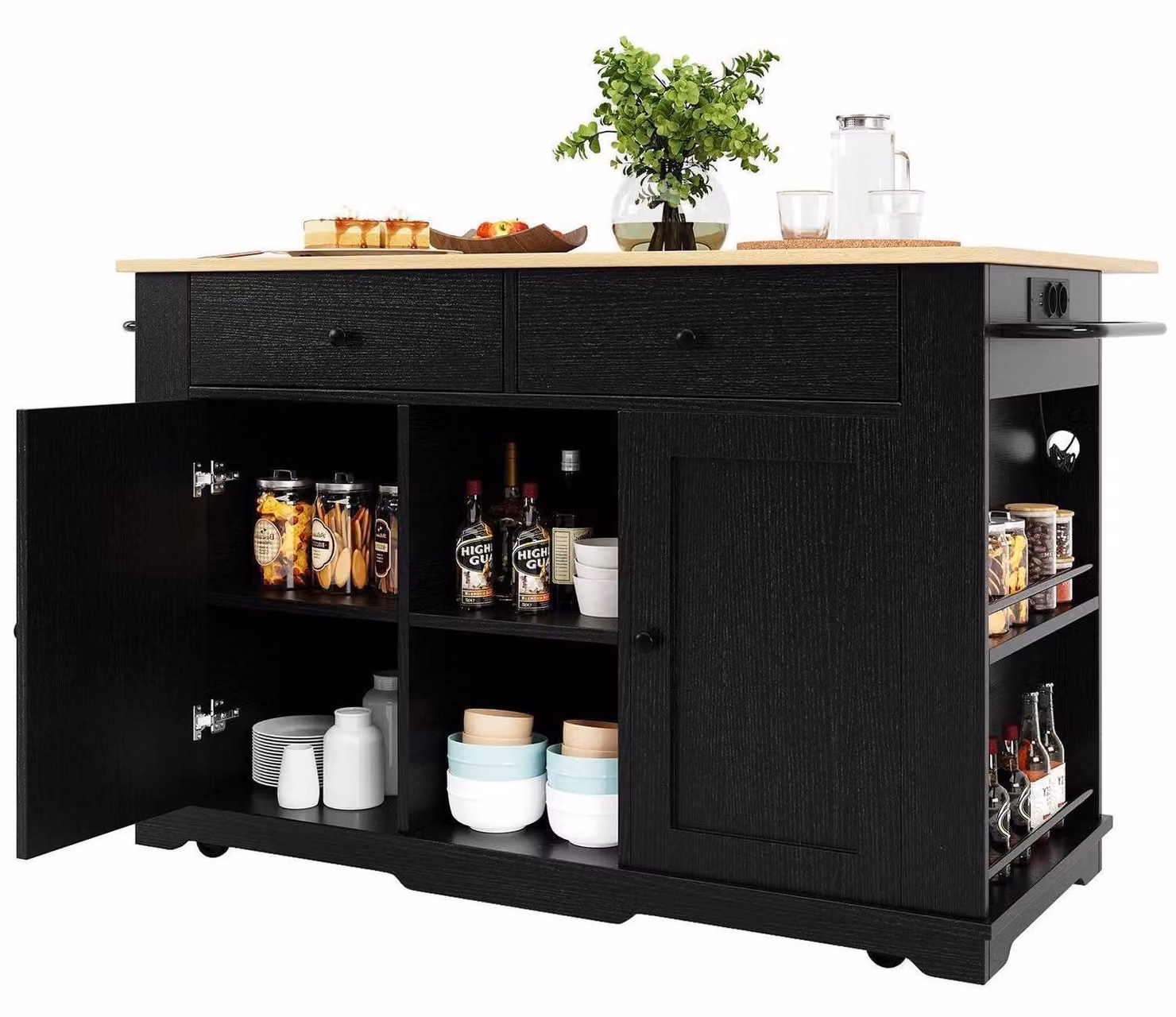 Isola da cucina con presa multipla e piano di lavoro pieghevole, colore nero, dimensioni 151,5 x 59,7 x 91,7 cm