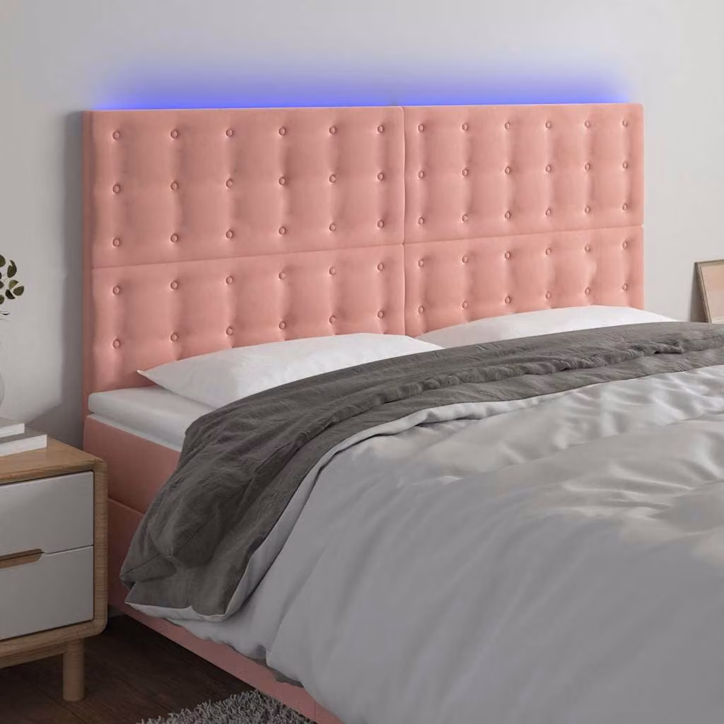 Testiera per letto vidaXL in velluto rosa con illuminazione LED e porta di ricarica USB, L 160 cm, H 118/128 cm, P 5 cm